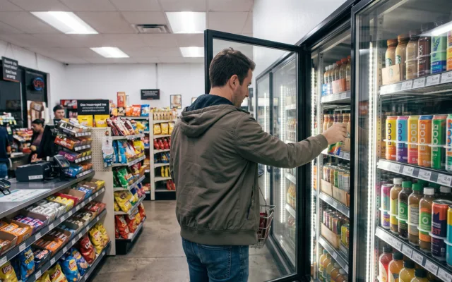 Shopper reaching into a convenience store cooler for a single-serve better-for-you drink