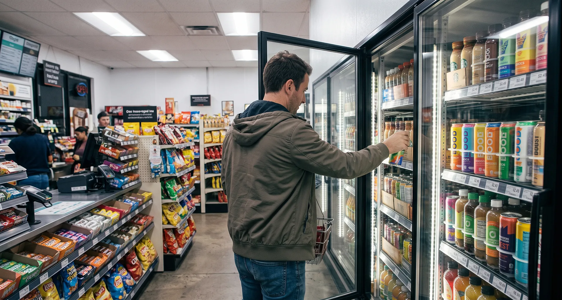 Shopper reaching into a convenience store cooler for a single-serve better-for-you drink