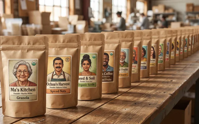 Row of similar food brand packaging labels, each featuring a founder's story