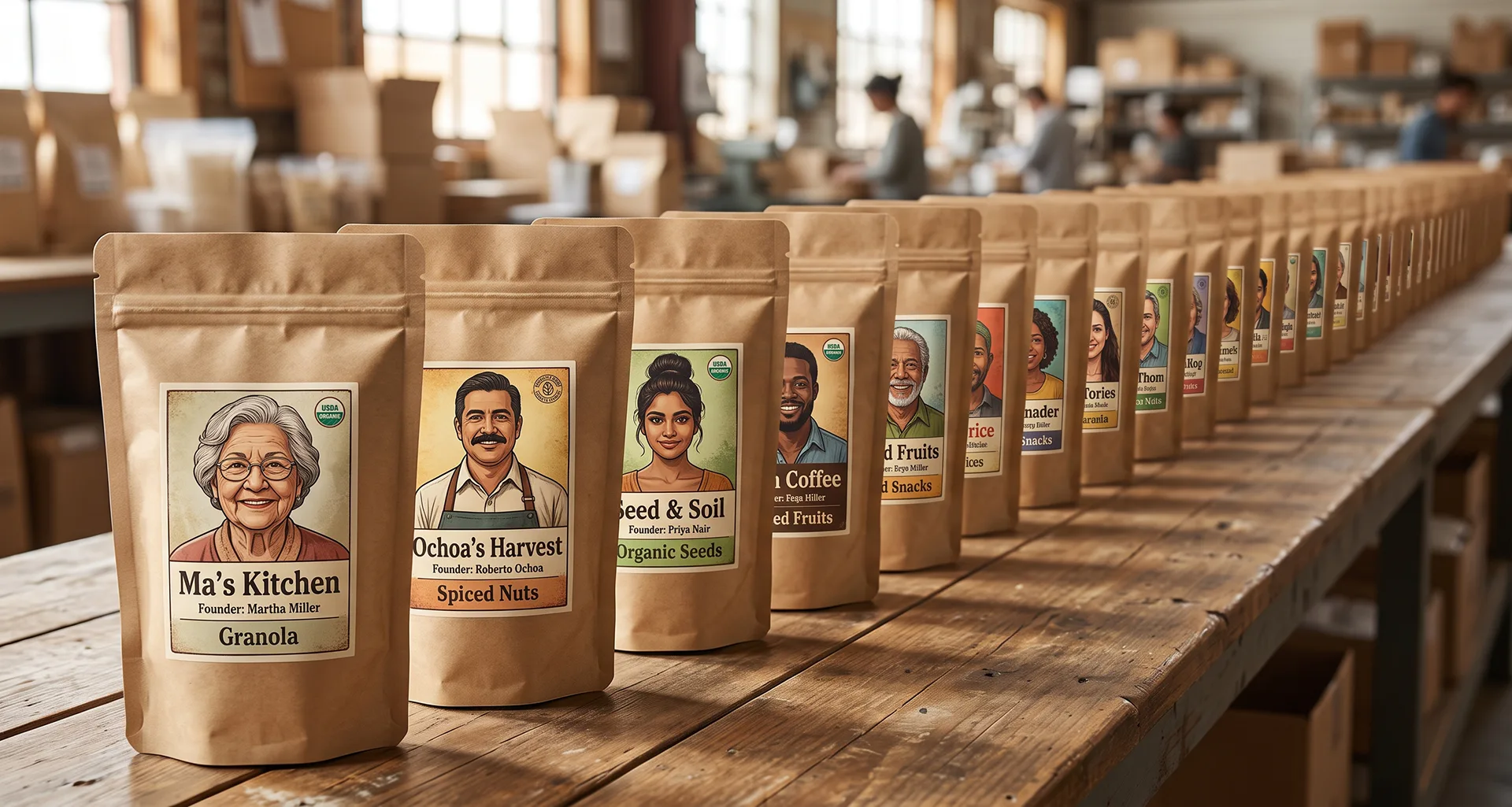Row of similar food brand packaging labels, each featuring a founder's story